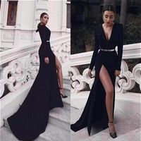 Sexy High Thigh Split Black Evening Dresses Long Sleeves V Neck Women Formal Occasion Gowns Met Gala Celebrity Wears BES121263W