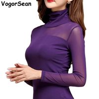 Women Mesh Elastic Blouse Shirt Autumn Winter Casual Tops and Blouses Turtleneck Long Sleeve Slim Plus Size Sexy Stretch 220322