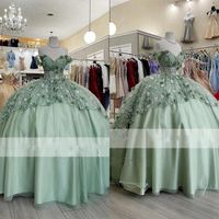 Sage Green Quinceanera Robes Charro 2022 Voir les robes de bal des meilleures pour femmes hors de l'épaule 3D Fleurs florales en dentelle en tulle sweet303h