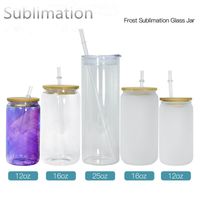 Sublimation 12oz 16oz Glass Can with Bamboo Lid Reusable Str...