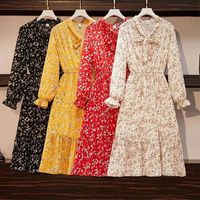 Повседневные платья в корейском стиле печать шифоновое цветочное платье Женщины сладкие оборки A-Line Ladies Spring Slim Taist
