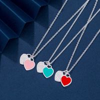 RW1C T family enamel Double Heart Necklace 925 Sterling Silver Love Blue Pink Red heart shaped clavicle Chain Pendant