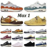 Des chaussures Nike Air Max Airmax 1 87 Travis Scott Athletic Running Shoes White Gum Kiss Of Death Sean Wotherspoon Brown Black Schematic Bacon Basketball Sports Sneakers Trainers