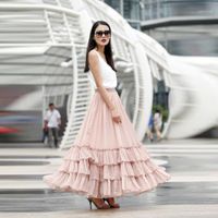 Work Dresses Design Pink Long Skirt A Line Floor Length Maxi Ruffles Tiered Women Skirts Personalized Chic Chiffon SkirtWork