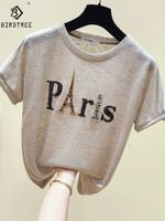 Ins Short Sleeve Paris Eiffel Tower Beaded Tshirt Summer Women Shinny Cotton O Necks Loose Casual Girls Tops Tees T13115X 220420