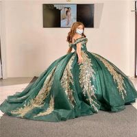 Hunter Green Sequins Quinceanera Dresses With Gold Lace Off Shoulder Beading Sweet 16 Party Dress Vestidos De 15 Anos Birthday Gow334x