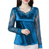 Kadınlar bluz gömlekleri m-4xl zarif uzun kollu dantel gömlek dikiş saten bluz moda kadın çiçek kazak üstleri rahat giyim kadınları