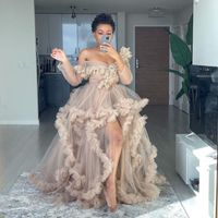 Casual Dresses Off The Shoulder Tulle Robe Women Dress Ruffled Long Sleeves Chic Kimono Robes African Po Shoot Gown MaternityCasual