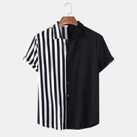 Men's Dress Shirts Summer Mens Vintage Striped Fashion Casual Black White Patchwork Short Sleeve Hawaii For Men Camisas De HombreMen's