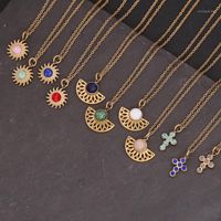 Pendant Necklaces Retro Ethnic Style Stainless Steel Color Crystal Cross Necklace Fashion Simple Sun Flower Jewlery Charms