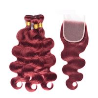 Pacote de cabelo marrom 33# com onda de corpo de fechamento Cabelo humano brasileiro 3 pacotes com fechos de renda 4x4 Burg Red Color