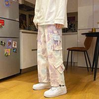 Krawatte Hosen Männer Mode Casual Pocket Cargo Streetwear Koreaner loser Hip-Hop gerade weites Bein