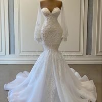 2022 Elegant White Mermaid Wedding Dresses Bridal Gowns Beads Lace Applique Nigerian Arabic Marriage Dress Robe De Mariee C0418
