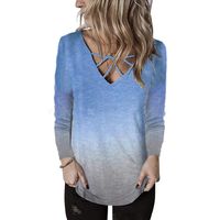 Women's T-Shirt Spring Autumn Women Tops V Neck Front Chest Cross Lace-up Rainbow Gradient Color Printed Long Sleeve Loose Pullover