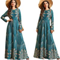 Muslim Women Printed Long Dress Elegant Knitted Maxi Robe Full Length Long Sleeve O-neck Dubai Gown Abaya Kaftan Arab Jilbab New279Y