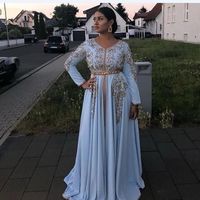 Sky Blue Moroccan Caftan Evening Dresses V Neck Crystal Algeria Arabic Muslim Special Occasion Dresses Party Gowns Guest Dress249P