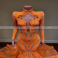 Sparkly Orange Long Prom Dresses High Neck Sleeve High Neck Sexy African Women Black Girls Mermaid Sequin Prom Gowns236e