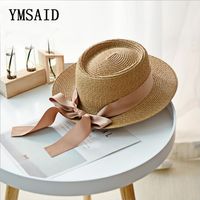 Ymsaid Summer Sun Hat Fashion Girl Girl Paille Ribbon Bow Beach Hat Casual Pouleur Plat Top Panama Bone Feminino 220526