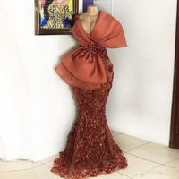 Sexy African Mermaid Evening Dresses Chic Lace Appliques Sequined Big Bow brown red Prom Dress Long Deep V Neck Plus Size