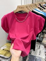 T-shirt pour femmes Chaîne à manches bouffées courte T-shirt Femme Coton solide Coton Summer 2022 Chic Loose Topwomen's