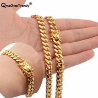 8mm Hip hop Mens Chain Miami Curb Cuban Necklaces Bracelets 316L Stainless Steel Hip Hop Golden Curb Men Boy Jewelry sets177W