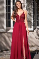 A-line v szyja ciemnoczerwona koronkowa długie sukienki balowe otwarte szyfonowe sukienki z boku