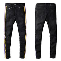 Guys Black Jeans with Yellow Brim Knee Holes Ripped for Man ...