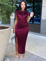 Women Dress Pleated Long Wine Red Elegant Slit High Collar Slim Fit Sleeveless Maxi Female Shiny Gowns Party Spring
