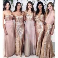 Modest Blush Pink Beach Wedding Bridesmaid Dresses with Rose Gold Sequin Mismatched Wedding Maid of Honor Gowns Women Party Formal275c