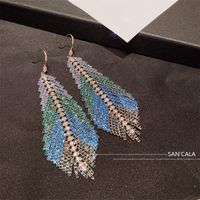 S2994 Fashion Jewelry Dazzling Colorful Blue Feather Zircon Grab Chain Long Tassel Dangle Earrings Geometric Exaggerated Earrings