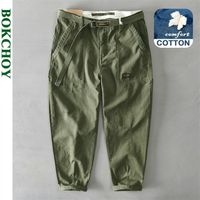 Autumn Winter Pure Cotton Men Pantalones de carga de estilo coreano Cinturón suelto suelto de la cintura Mid -Fit Slim Pencil Gaz329 220618