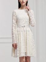 Ivory O-Neck Long Sleeves Natural A-Line Above-Knee Short Lace Homecoming Dresses Formal Party Gowns Belt Dresses