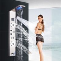 Brushed Nickel Stainless Steel 5-function Waterfall LED Rain Shower Panel W Massage System Tub Spout W  Handshower Shower Column282f