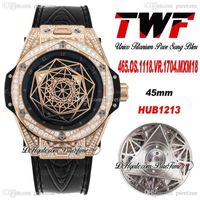 TWF Unico Titanium Hub1213 Automatische Herrenuhr gepflasterte Diamanten Fall 45mm Rose Gold Black Skeleton Zifferblatt Gummiarmbanduhren Super Edition PureTime Z122E5