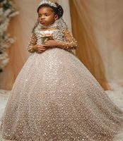 2022 Luxurious Sequined Lace Flower Girl Dresses High Neck L...