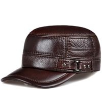 Ball Caps TOP Male Earmuffs Genuine Leather Flat Army Hats F...