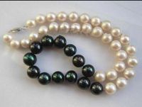 AAA + 9-10mm 18 "real natural white and Black Pearl NECKLACE 14K Gold Buckle-