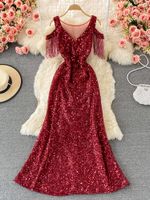 Lässige Kleider rot/rosa/weiße Pailletten Party Maxi Kleid für Frauen sexy V-Ausschnitt Kurzarm hoher Taille Quasten Lange Robe weiblich elegant Vestido