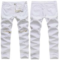 Jeans pour hommes en gros - hommes blancs en coton déchiré en détresse skinny éclaircissant la fermeture à glissière au-dessus du genou pantalon masculin hip-hop jeans1