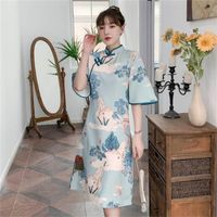 Этническая одежда французский стиль A-Line Cheongsam Summer Lose Printing Printing Qipao Women Sexy улучшенная дизайн китайская традиционная одежда