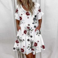 Sommer Casual Rüschen Loose V-Ausschnitt Kleid Frauen Kurzarm Blumendruck Frau Plus Größe Mode Weiße Strandkleider