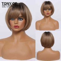 Short Straight Ombre Brown Blonde Synthetic Wigs With Bangs for Women bobo Hairstyle Cosplay Heat Resistant Natural Hair Wigs Y220408