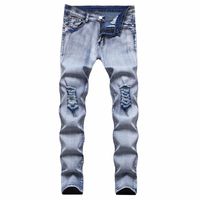 Мужские джинсы уличные мужские мужчины осень зима сплошной цвет тонкий стрейч повседневная середина талии разорвал с джинсовыми прямыми брюками