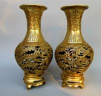 A pair copper hollow dragon and phoenix vases home crafts ornaments