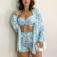 Women&#039;s Tracksuits Women&#39;s Suit Three Piece Spring And Summer Long Sleeved Shirt With Shorts Casual Loose Printed Bamboo Leaf PatternWom