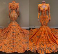 Long Sleeve High Neck arabic Prom Dresses 2022 Sexy Mermaid Style Orange Sequin applique African Blacl Girls evening Gala Gowns