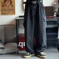 Мужские джинсы случайные черные свободные джинсы, широкая талия ног, корейский уличный стиль, хип-хоп, Хараджуку