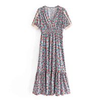 Yaz Vintage Çiçek Baskı Midi Elbise Kadınlar V Boyun Kısa Kol Elbise Kadın Zarif Bir Çizgi Sundress Vestidos J220513