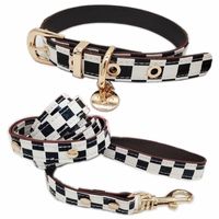 Clásico negro blanco Plaid Plaid Collars y correas Set Soft Designer Cuero Collar de perro para perros Pequeños Poodie Chihuahua Pomeranian Yorkshire Aire Libre Caminata B77