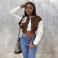 FQLWL BROWN BEABEL Fashion Fall for Women Patchwork Button Crop Top Jackets Coats Red Varsity Bomber Jacket 220715